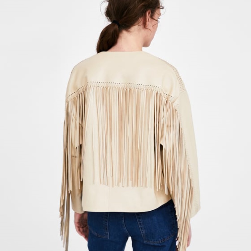 zara lamb leahter fringe jacket. XS